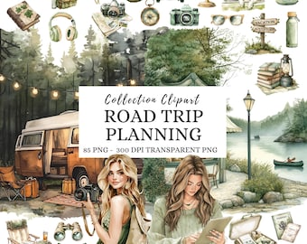 Watercolor Traveler Clipart Set, Girls, Adventure, Summer Clipart, Travel Png, Vacation (PNG)
