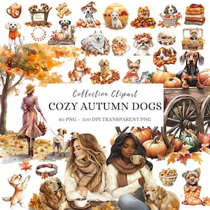 Op de afbeelding: Een verzameling van 80 digitale clipart-afbeeldingen met knusse herfst-honden. De afbeeldingen zijn 300 DPI transparante PNG-bestanden. De clipart bevat honden van verschillende rassen, die truien, sjaals en hoeden dragen en genieten van herfstactiviteiten zoals spelen in bladeren, knuffelen met pompoenen en warme chocolademelk drinken. De afbeeldingen zijn perfect voor het maken van herfst-thema ambachten, kaarten en uitnodigingen.
