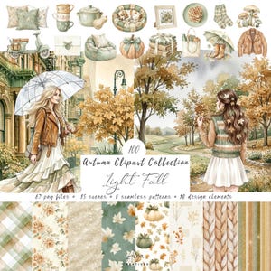 Peut inclure: Une collection numérique de 100 éléments clipart sur le thème de l'automne, incluant des illustrations à l'aquarelle de citrouilles, de décoration intérieure, de feuillage et deux personnages, avec le texte 100 Autumn Clipart Collection Light Fall.
