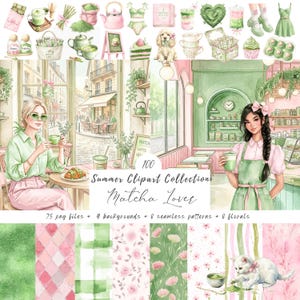 May include: Watercolor illustration featuring a matcha-themed collection. The image includes a cafe scene with people, matcha drinks, and various matcha-related items. The text "Matcha Lover" is visible, along with other text. The color palette is soft, with greens and pinks.