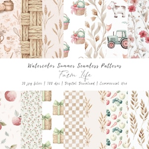 Op de afbeelding: Waterverf naadloze patronen met een boerderijthema. De ontwerpen omvatten tarwe, manden, een koe, een tractor en bloemstukken. De tekst luidt "Watercolor Summer Seamless Patterns Farm Life".