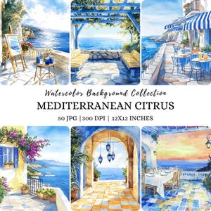 Aquarelle paysage méditerranéen, paysage de l'île de Grèce, paysage méditerranéen, mer de Grèce, cliparts été méditerranéen, Italie, Amalfi