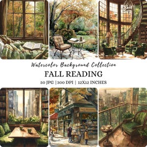 Clipart di lettura autunnale con acquerelli, immagini stampabili di paesaggi autunnali accoglienti, download digitale della natura autunnale, grafica autunnale in formato Jpg, paesaggio autunnale