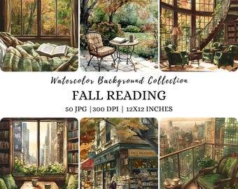 Watercolor Cozy Fall Reading Clipart, Cozy Fall Scenery Printable Images, Fall Nature Digital Download, Fall Jpg Graphics, Autumn Landscape