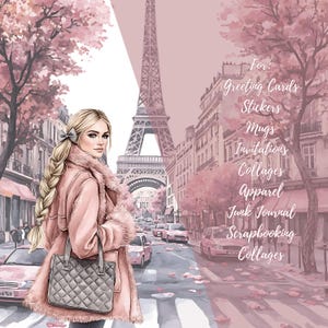 May include: Watercolor illustration of a woman in a pink coat and gray handbag in Paris, with the Eiffel Tower in the background. Text on the right side lists items such as greeting cards, stickers, and apparel.