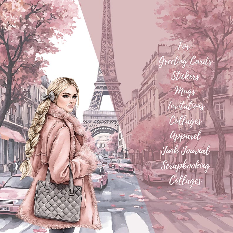 May include: Watercolor illustration of a woman in a pink coat and gray handbag in Paris, with the Eiffel Tower in the background. Text on the right side lists items such as greeting cards, stickers, and apparel.