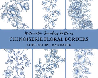 Carta digitale floreale Chinoiserie blu: bordi per carta da parati vintage (download digitale)