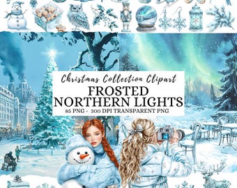 Watercolor Northern Lights Clipart: Winter Aurora Borealis PNG, Winter Wonderland, White Christmas, Travel Png, Digital Stickers, Commercial