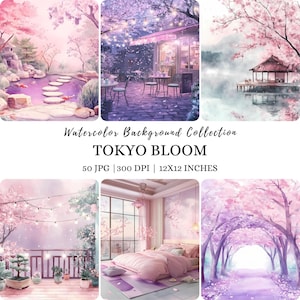 Aquarelle de fond de paysage japonais, images imprimables de paysage urbain, clipart japonais, voyage, fond rose, fleurs de cerisier numérique