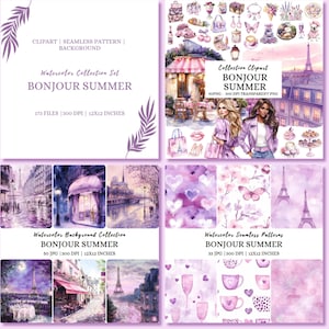 Bundle de cliparts aquarelle été Paris, clipart Provence lavande, clipart été, French Lover, voyage PNG, Floral, clipart printemps, Français