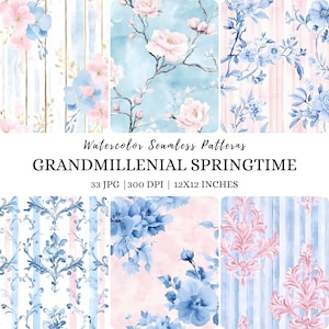 Modèles sans couture aquarelle grand millénaire, JPEG floral pastel, fond floral, rayures, carreaux, toile, motif répétitif numérique