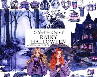 Watercolor Rainy Halloween Clipart, Cute Fall Halloween PNG, Moody Cozy Halloween Ghost Clipart, Spooky Cozy Aesthetic, Pumpkin,Fall Clipart