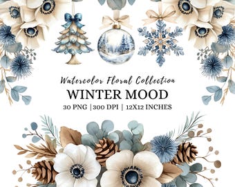 May include: Watercolor floral design with white anemone flowers, pine cones, and blue accents. Includes a Christmas tree, ornament, and snowflake. The text reads "Watercolor Floral Collection WINTER MOOD 12x12 inches."