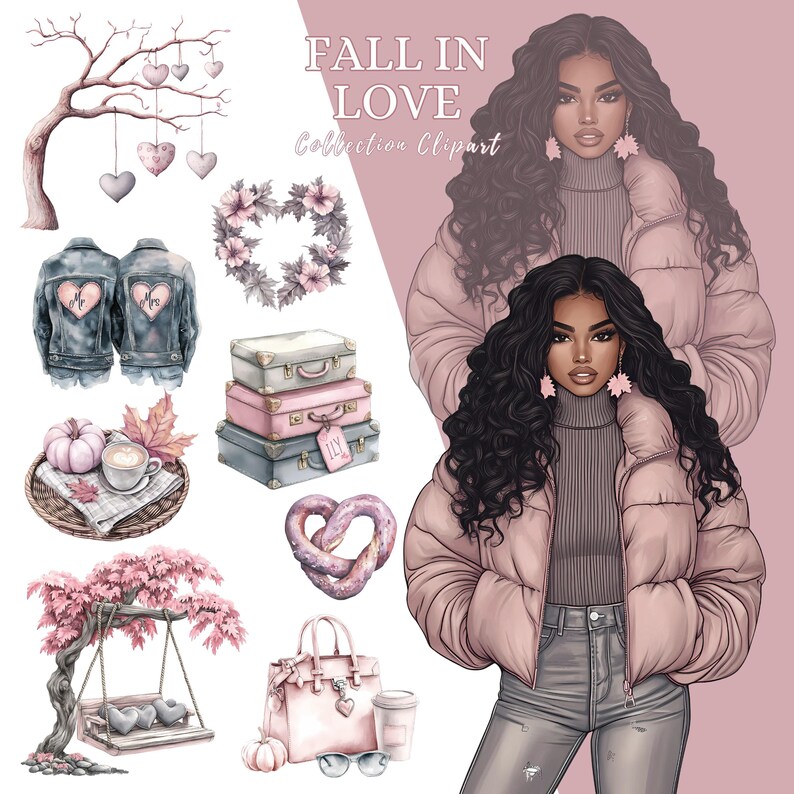 May include: Digital clipart collection with a romantic theme. Includes illustrations of a woman in a pink puffer jacket, denim jackets, suitcases, a heart-shaped wreath, a swing, a handbag, and other fall-themed elements. The text "FALL IN LOVE Collection Clipart" is also visible.