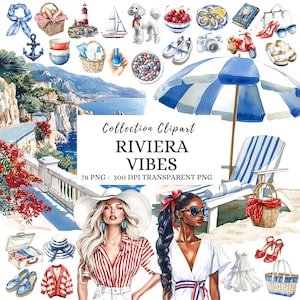 Clipart di acquerelli di estate costiera, spiaggia mediterranea, amante francese, nautico, PNG di viaggio, clipart di atmosfera estiva, costa mediterranea, spiaggia