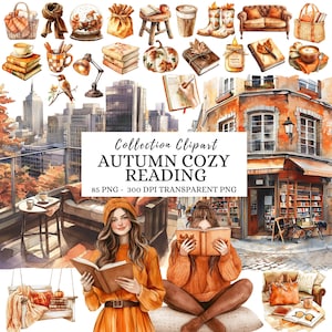 Op de afbeelding: Watercolor clipart collectie getiteld "Autumn Cozy Reading" met diverse herfst-thema illustraties. Bevat afbeeldingen van boeken, pompoenen, koffie en gezellige leesscènes. De collectie bevat ook een stadsgezicht en twee lezende vrouwen.