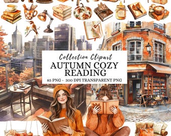 Watercolor Autumn Reading Clipart, Cozy Fall PNG Graphics, Booklover Png,  Fall PNG Graphics (Digital Download)