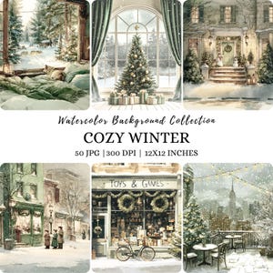 Può includere: Una collezione di acquerelli intitolata "COZY WINTER" con varie scene invernali. Le immagini includono una vista innevata dalla finestra, un albero di Natale decorato, una casa innevata, un negozio di giocattoli e una scena urbana innevata. La collezione include 50 immagini JPG, 30,48 x 30,48 cm.