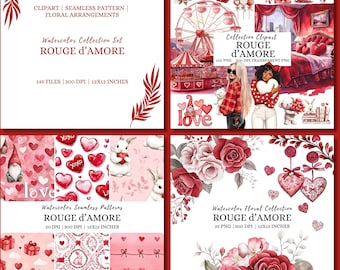Watercolor Valentine Clipart Bundle, Roses, Hearts (Digital Download)