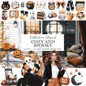 Watercolor Cozy Halloween Clipart, Cute Fall Halloween PNG, Dark Halloween Clipart, Autumn Ghost Clipart, Spooky Cozy Aesthetic, Hallows Eve