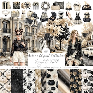 May include: A digital collection of 100 autumn-themed clipart elements, including illustrations of pumpkins, fashion items, architectural scenes, and seamless patterns. The text reads 100 Autumn Clipart Collection Night Fall, 67 png files, 15 scenes, 8 seamless patterns, and 10 design elements.