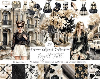 Puede incluir: Una colección digital de 100 elementos clipart con temática otoñal, incluyendo ilustraciones de calabazas, artículos de moda, escenas arquitectónicas y patrones. El texto dice 100 Autumn Clipart Collection Night Fall, 67 archivos png, 15 escenas, 8 patrones y 10 elementos de diseño.
