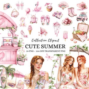 Clipart floral de verano, acuarela, clipart de playa de verano, rosa, lindo png de verano, cottagecore digital, gráficos femeninos de verano, clipart de verano png