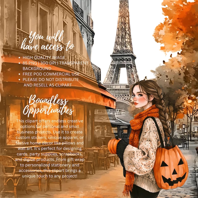 May include: Watercolor illustration of a woman in Paris with the Eiffel Tower in the background. She carries a pumpkin-shaped bag and a small pumpkin. The image has text that says "You will have access to" and "Boundless Opportunities".