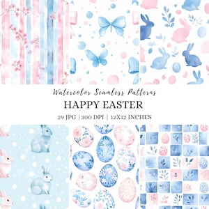 May include: A set of 29 digital watercolor seamless patterns featuring Easter themes. The patterns include bunnies, butterflies, eggs, and floral designs in pink, blue, and white.