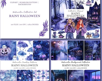 Watercolor Rainy Halloween Clipart Bundle: Cozy Fall PNG Graphics (Digital Download)