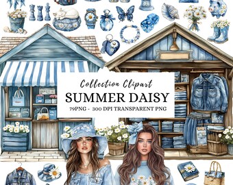 Watercolor Daisy Clipart: Denim Summer Florals, Cottagecore PNG (Digital Download)