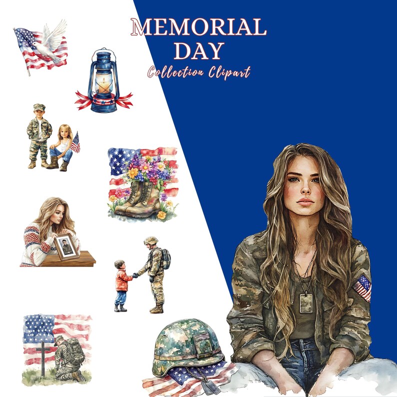 Watercolor Memorial Day Clipart: Patriotic PNG Bundle, American Flag ...