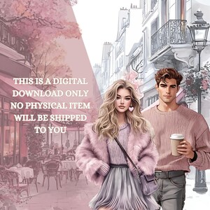 May include: Digital illustration of a couple in a European city setting. The woman wears a pink fur coat, gray skirt, and holds a purse. The man wears a pink sweater and holds a coffee cup. Text reads: "THIS IS A DIGITAL DOWNLOAD ONLY NO PHYSICAL ITEM WILL BE SHIPPED TO YOU."