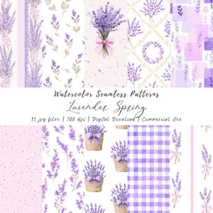 May include: A collection of watercolor seamless patterns featuring lavender sprigs, bouquets, and baskets in shades of purple, pink, and white. The image includes text that reads "Watercolor Seamless Patterns Lavender Spring".