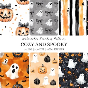 Könnte beinhalten: Eine Sammlung nahtloser Aquarellmuster mit Halloween-Motiven. Die Muster zeigen Kürbisse, Geister, Fledermäuse und Streifen in Orange, Schwarz und Weiß. Der Text "COZY AND SPOOKY" ist ebenfalls enthalten.
