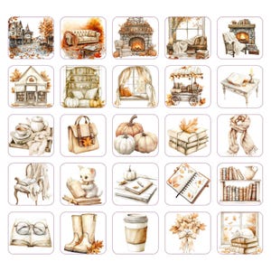 May include: A collection of watercolor illustrations featuring cozy autumn scenes. Images include a fireplace, pumpkins, books, a cat, a cup of coffee, and a scarf. The color palette is warm, with shades of orange, brown, and beige.