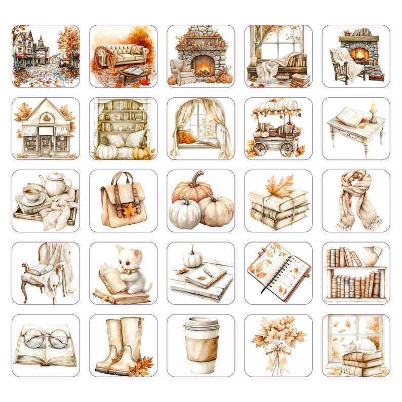 May include: A collection of watercolor illustrations featuring cozy autumn scenes. Images include a fireplace, pumpkins, books, a cat, a cup of coffee, and a scarf. The color palette is warm, with shades of orange, brown, and beige.