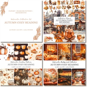 May include: A digital art collection in watercolour with an autumn theme. It includes clip art, seamless patterns, and background images. The colour scheme features warm oranges, browns, and creams, with pumpkins, books, and cosy reading scenes.