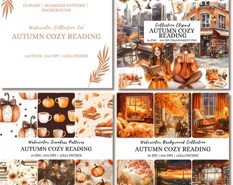 Watercolor Autumn Reading Clipart Bundle: Cozy Fall PNG Graphics (Digital Download