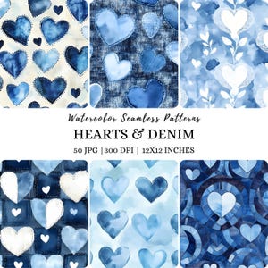 50 motivi di San Valentino in denim ad acquerello, motivo a trama denim, motivo senza cuciture blu per San Valentino, Jpg, stampabile in blu per San Valentino