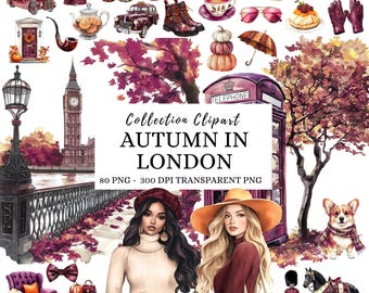 Watercolor Autumn in London Clipart, Cozy Fall PNG Graphics (Digital Download)