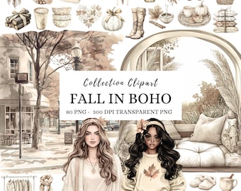 Watercolor Fall Clipart: Boho Autumn PNG Graphics, Cozy Neutral Vibe (Digital Download)
