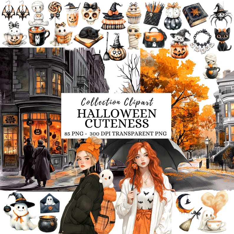 May include: A digital art collection titled "Halloween Cuteness" featuring various watercolor illustrations. The images include Halloween-themed characters, accessories, and scenes, such as ghosts, pumpkins, and witches. The collection also includes two women in an autumn setting.