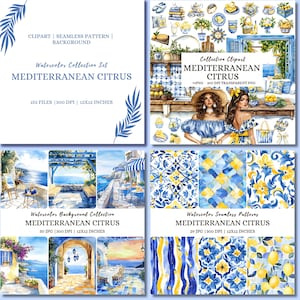 Bundle de cliparts aquarelle été méditerranéen, azulejos clipart, citrons méditerranéens et carreaux, Grèce, bleu, clipart citron, clipart grec