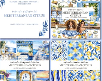 Paquete de imágenes prediseñadas mediterráneas en acuarela: limones y azulejos (descarga digital).