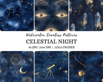 Aquarel Celestial Digital-papier: zon, maan, sterren naadloos patroon (digitale download)
