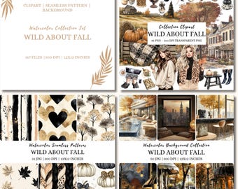 May include: A collection of digital art assets with a fall theme. The image includes watercolor clip art, seamless patterns, and backgrounds. The text on the image reads "WILD ABOUT FALL" and includes the number of files, DPI, and dimensions in inches.