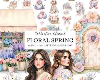 May include: A collection of 68 floral spring clipart images, including a flower shop, a gnome, a butterfly, a unicorn, a teddy bear, a truck, a house, a girl with long brown hair, a girl with long blonde hair, and a bunny rabbit. The images are in a watercolor style and are perfect for creating invitations, cards, and other crafts.