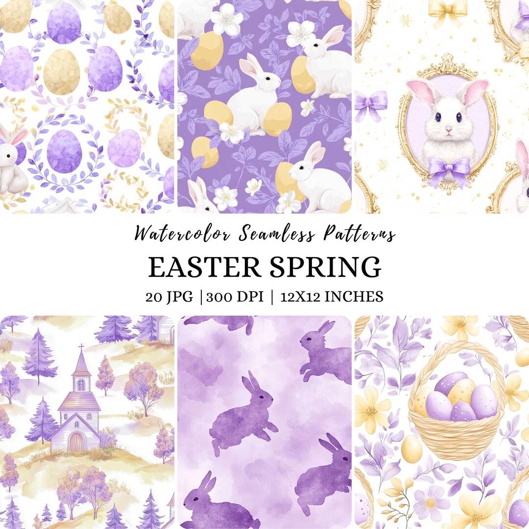 Watercolor Easter Spring Seamless Patterns, Bunny Floral Digital Paper ...