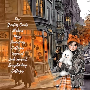 May include: Watercolor illustration of a street scene with a woman holding a ghost plushie. The image includes text that says "For: Greeting Cards, Stickers, Mugs, Invitations, Collages, Apparel, Junk Journal, Scrapbooking, Collages."